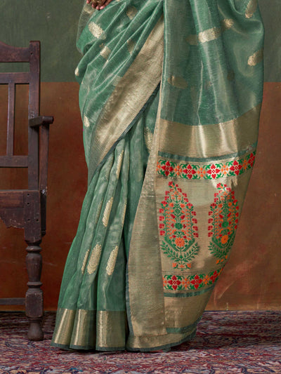 Emerald Green Paithani Banarasi Tissue Silk Saree with Zari Handloom Weave