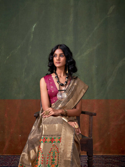 Antique Gold Paithani Banarasi Tissue Silk Saree with Zari Handloom Weave