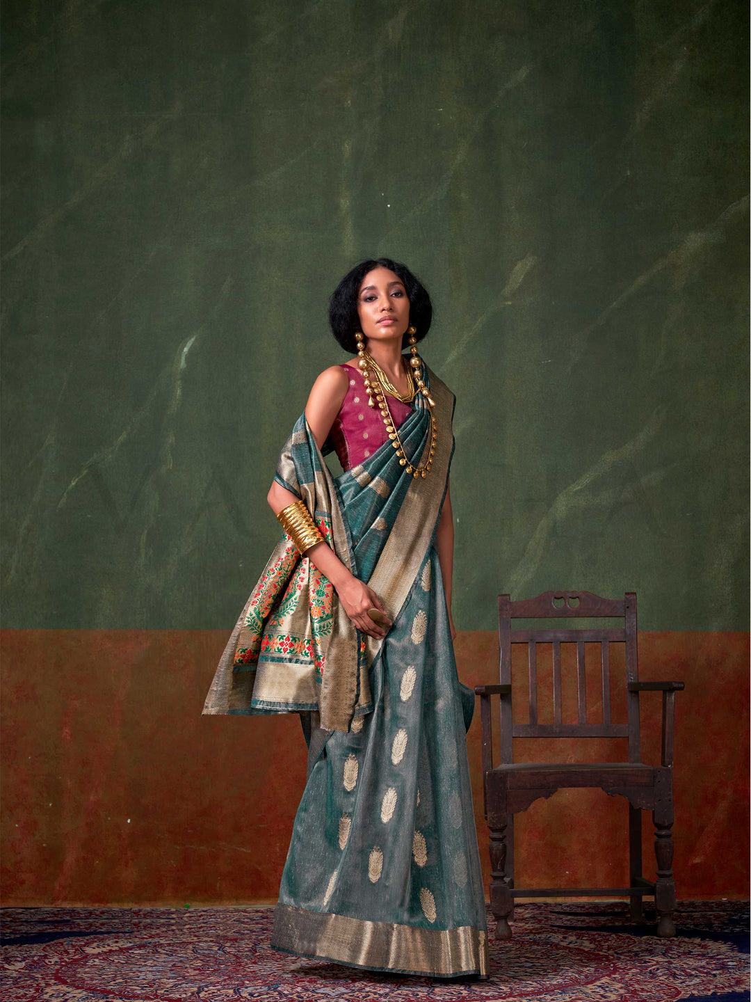 Teal Blue Paithani Banarasi Tissue Silk Saree with Zari