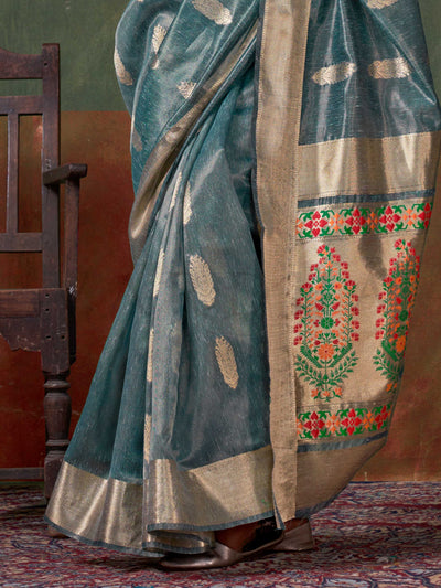 Teal Blue Paithani Banarasi Tissue Silk Saree with Zari Handloom Weave