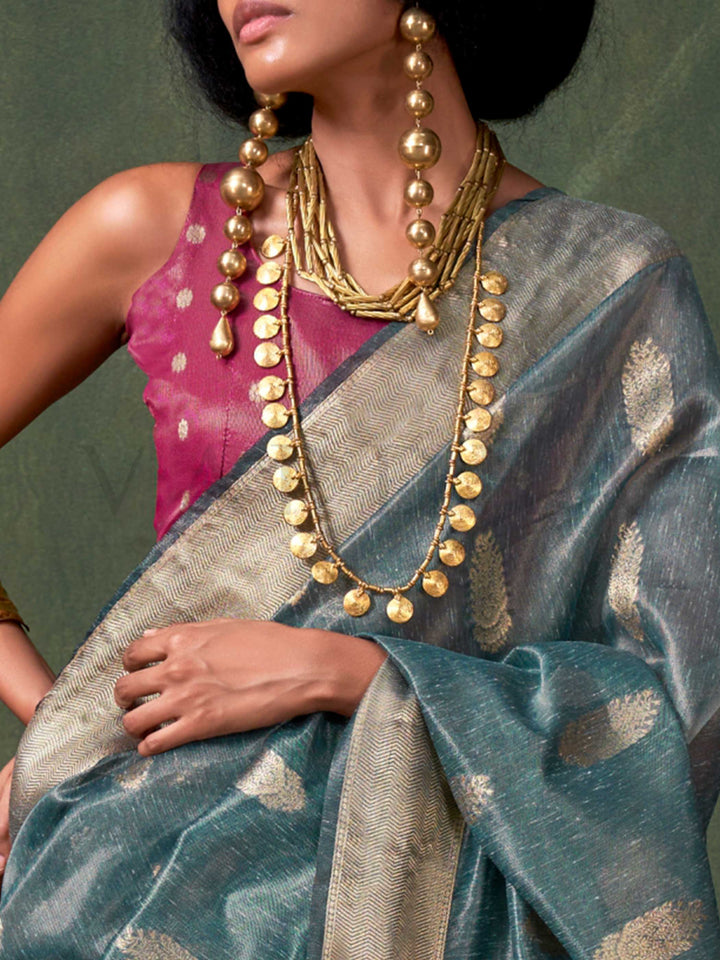 Teal Blue Paithani Banarasi Tissue Silk Saree with Zari