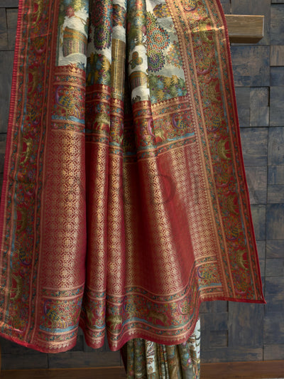 Off-White Mughal Motif Banarasi Katan Silk Saree with Red Tissue Blouse