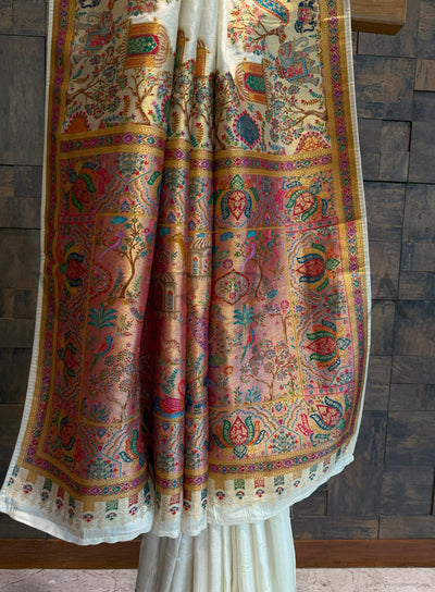 Off-White Viscose Katan Silk Saree with Zari Jungle Motifs