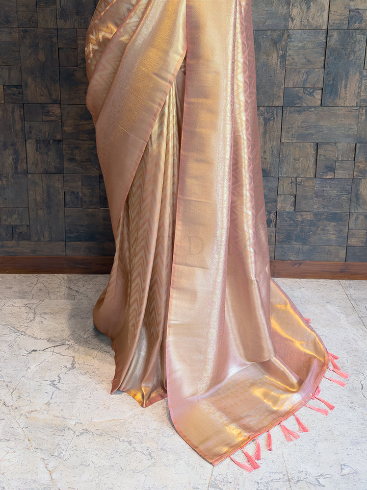 Pastel Peach Kanjivaram Tissue Silk Saree with Gold Zari Weave