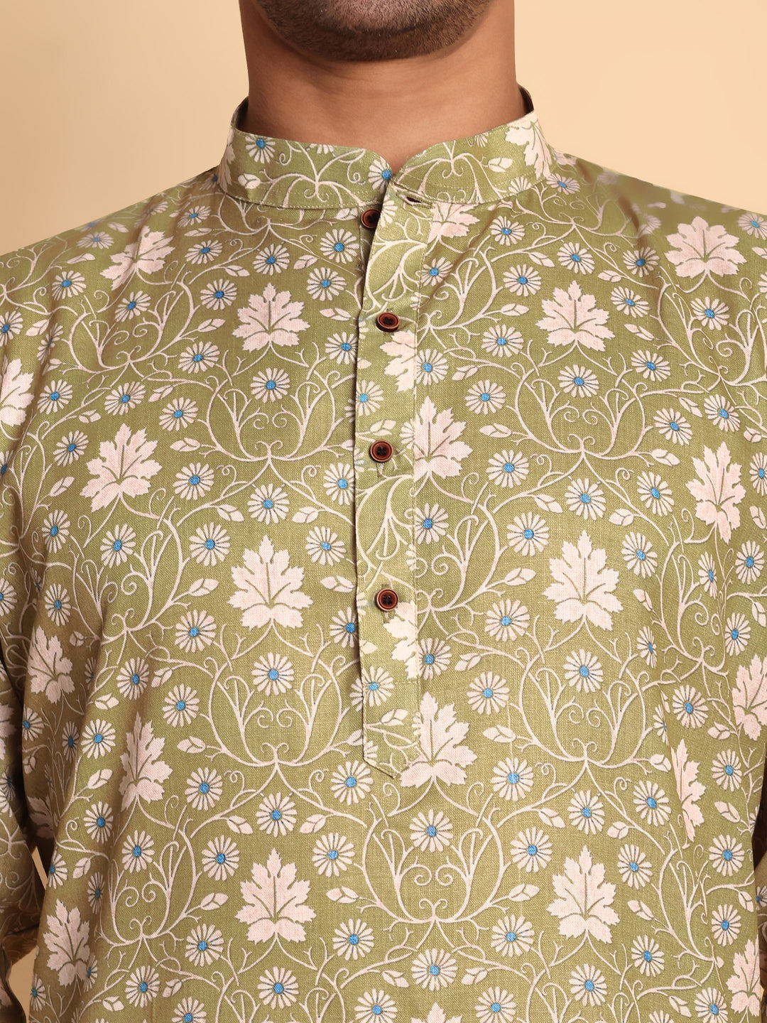 Traditional Green VineHeart Printed Men's Cotton Kurta