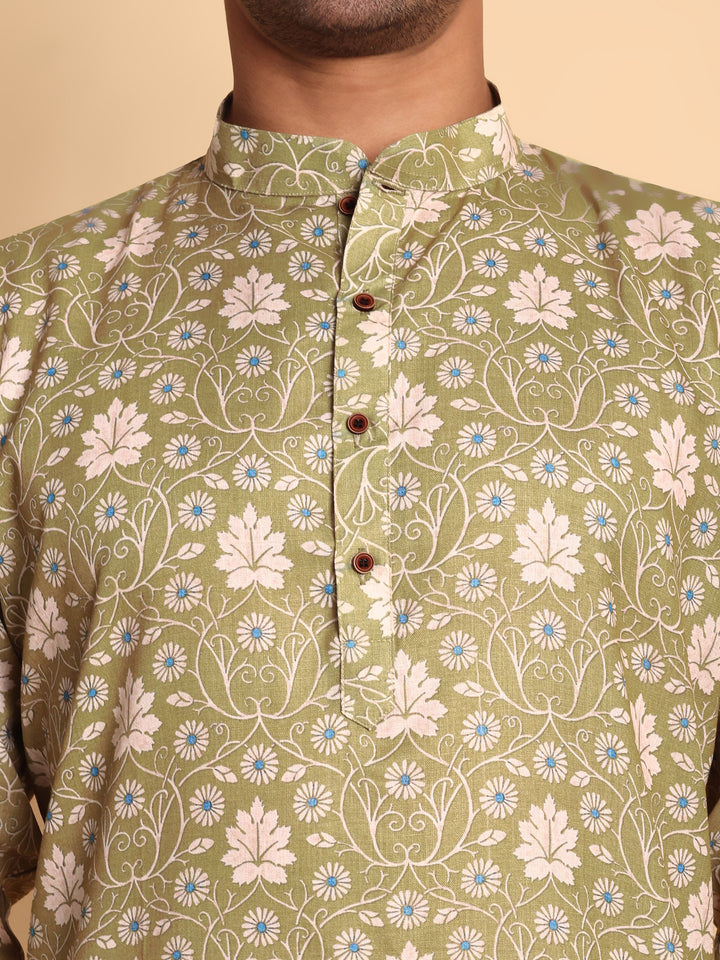 Traditional Green VineHeart Printed Men's Cotton Kurta