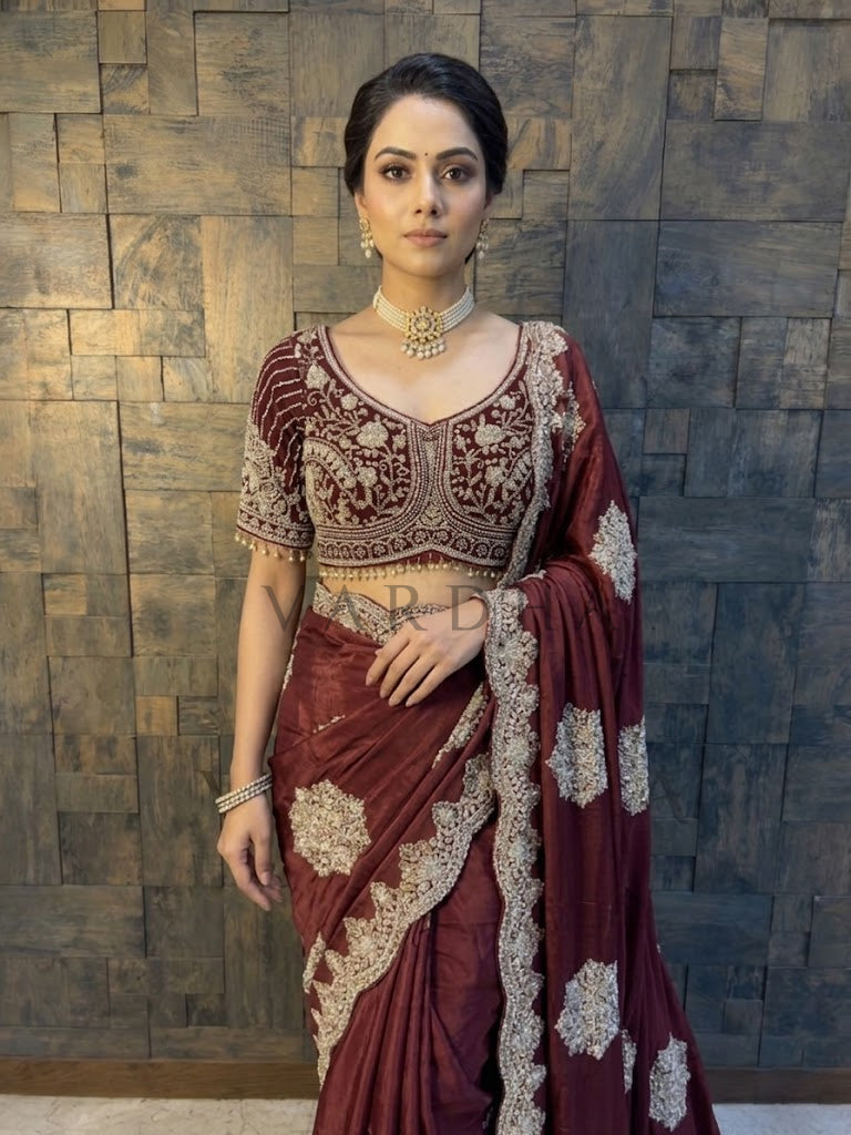 Maroon Satin Crepe Saree with Silver Cutdana &amp; Beads Handwork