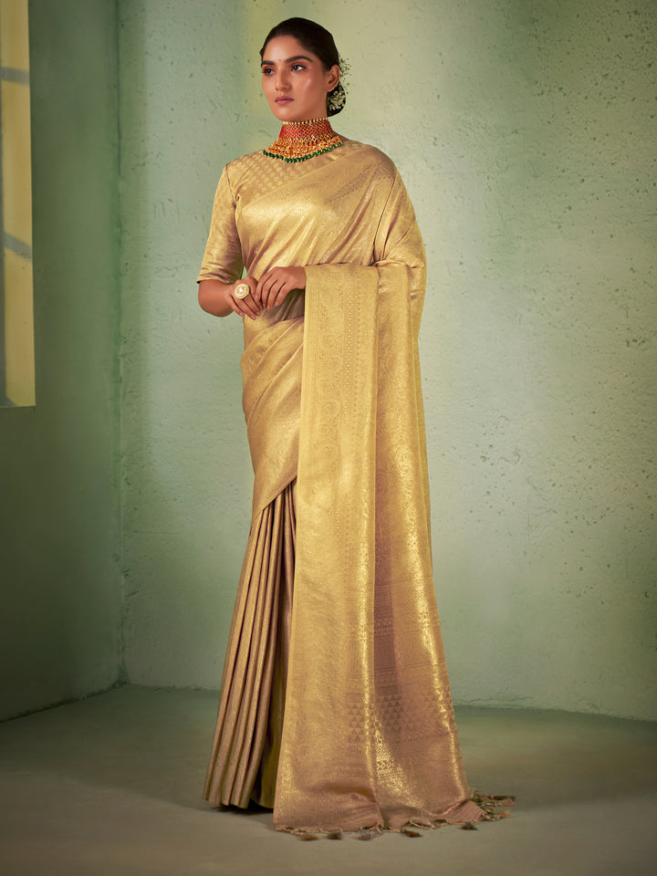 Tacha Beige Gold Zari Kanjivaram Silk Saree