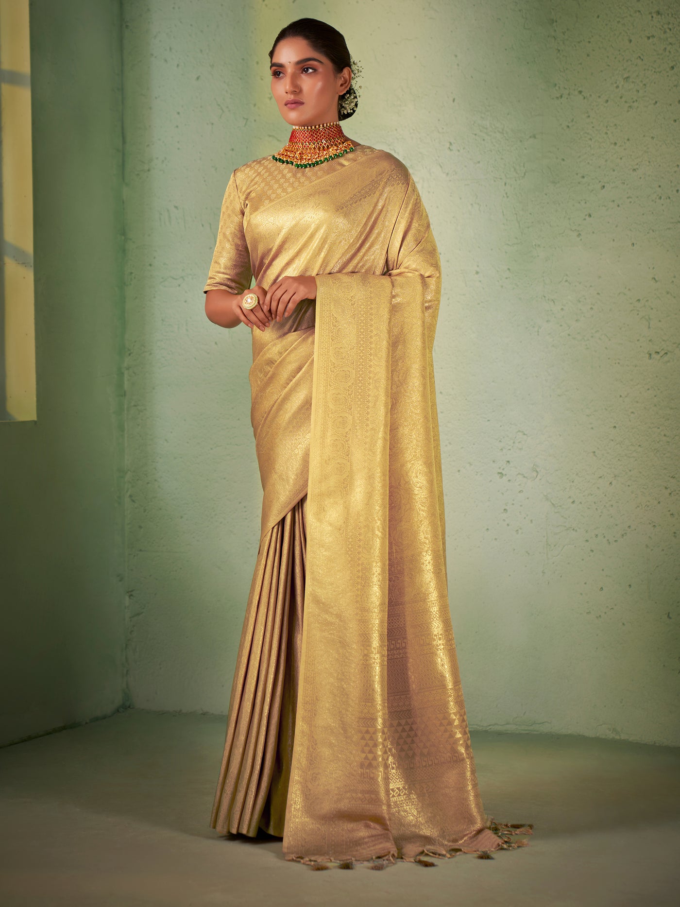 Tacha Beige Gold Zari Kanjeevaram Silk Saree