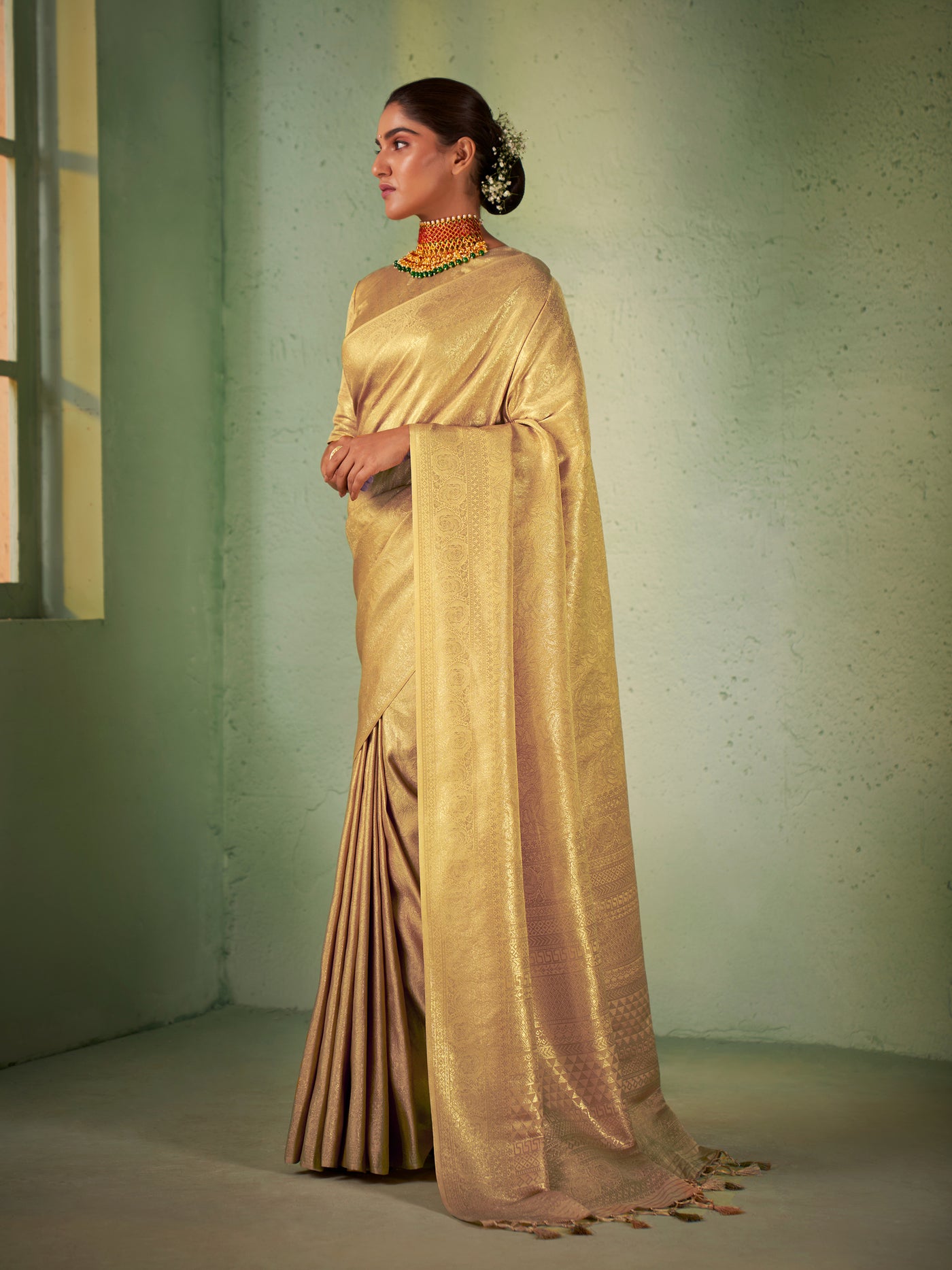 Tacha Beige Gold Zari Kanjeevaram Silk Saree