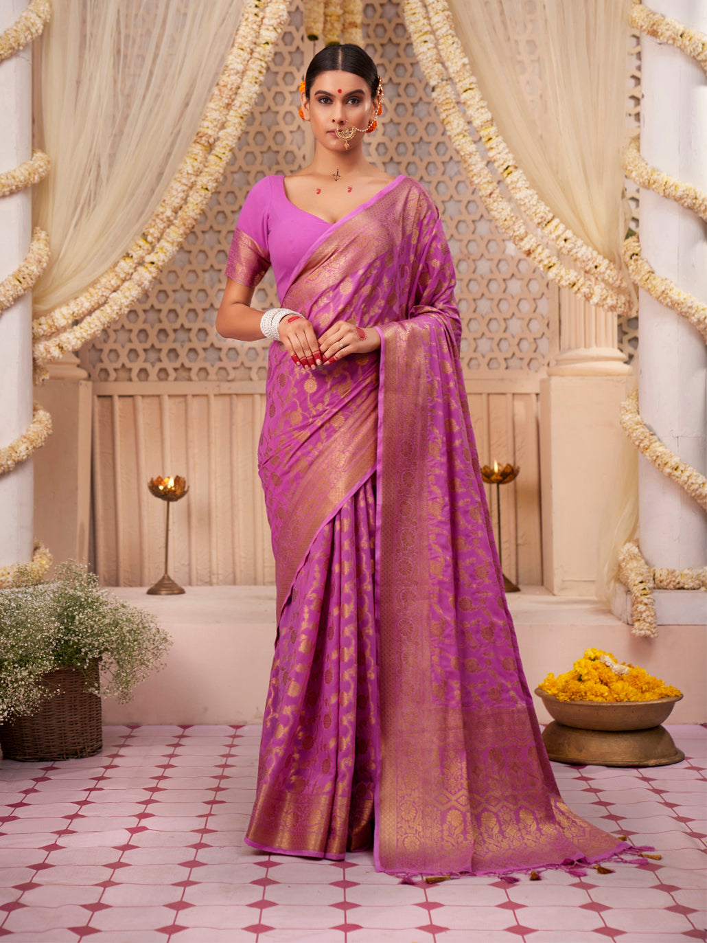 Heliotrope Pink Gold Zari Georgette Viscose Saree