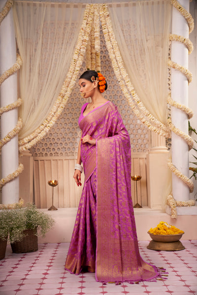 Heliotrope Pink Gold Zari Georgette Viscose Saree