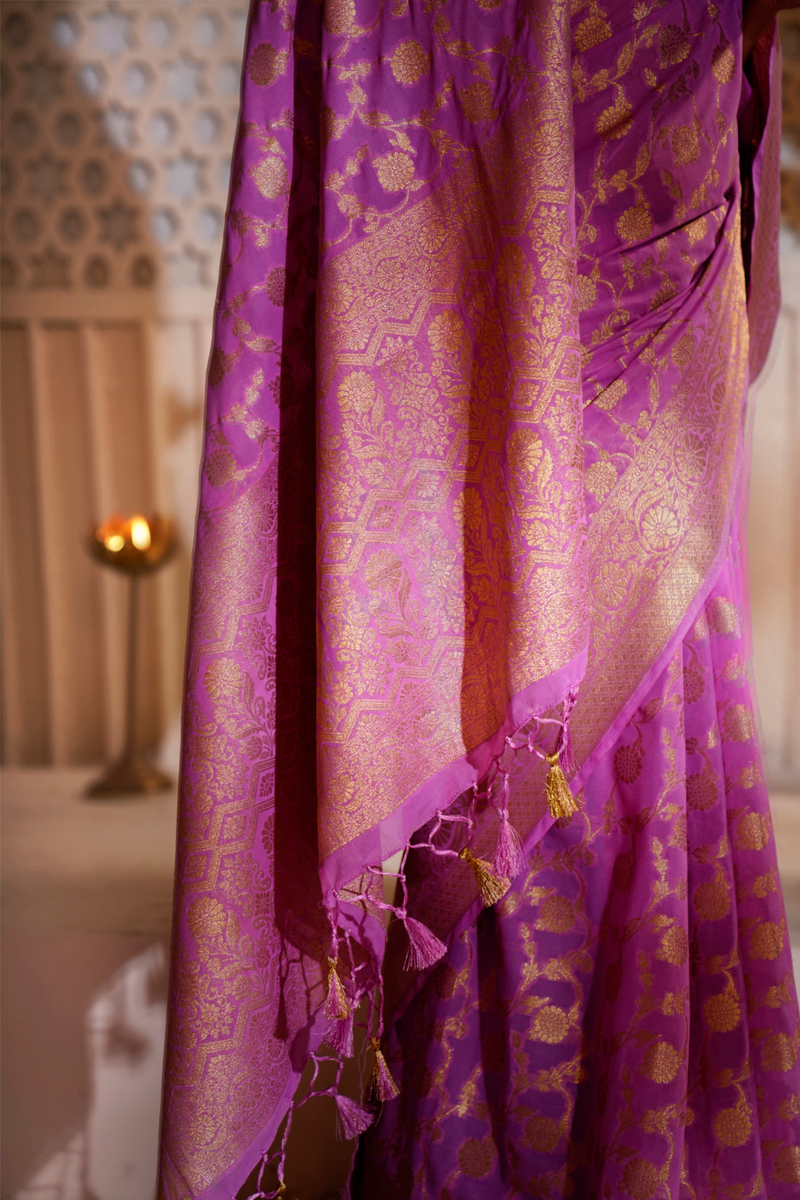 Heliotrope Pink Gold Zari Georgette Viscose Saree