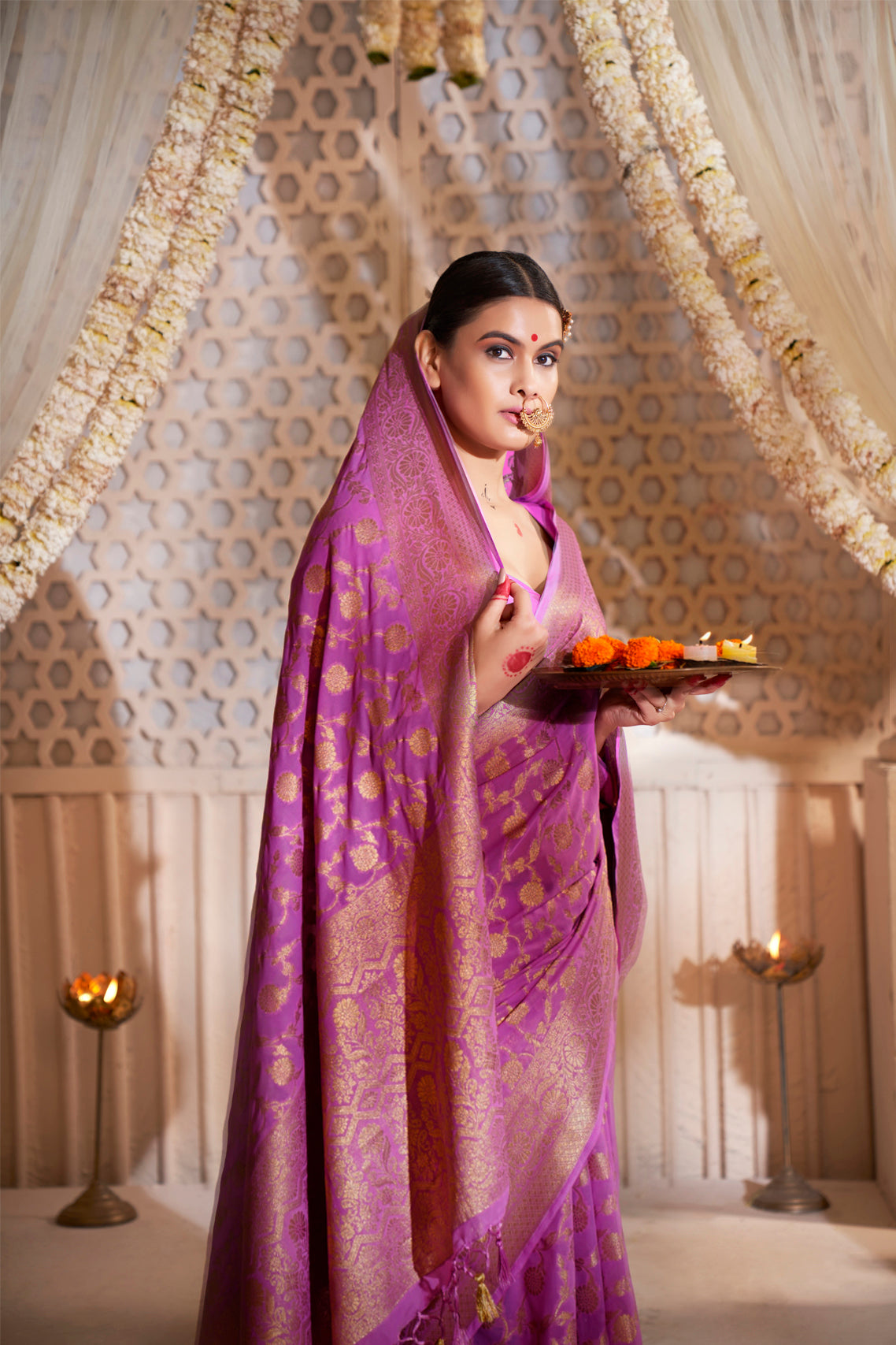 Heliotrope Pink Gold Zari Georgette Viscose Saree