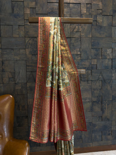 Off-White Mughal Motif Banarasi Katan Silk Saree with Red Tissue Blouse