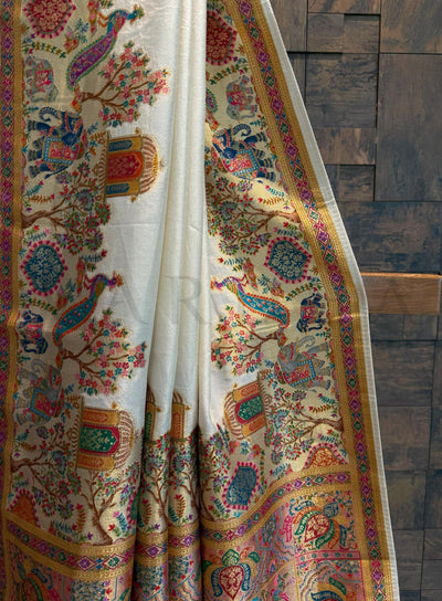Off-White Viscose Katan Silk Saree with Zari Jungle Motifs