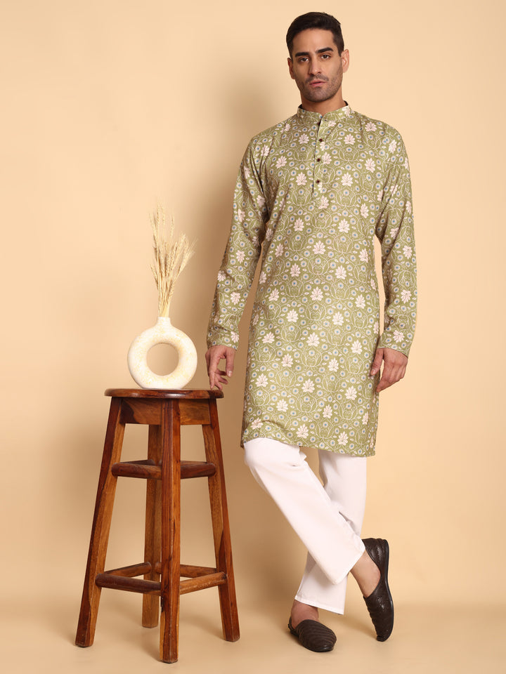 Traditional Green VineHeart Printed Men's Cotton Kurta