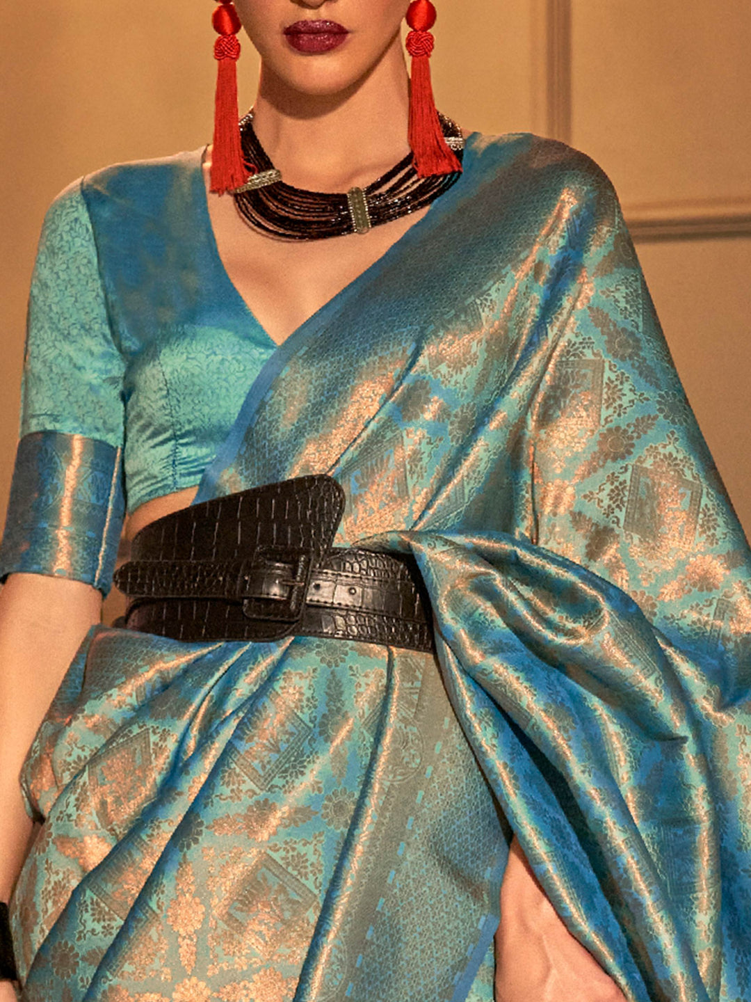 Aqua Blue–Turquoise woven zari silk saree in a dual-tone palette for haldi, reception or sangeet. Glossy soft-touch silk saree in Aqua Blue–Turquoise, designed for wedding celebrations and light events.