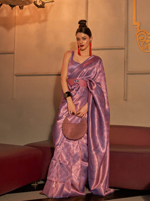 Lilac–Lavender Mist kanjivaram silk saree with subtle dual-tone effect and intricate zari border. Lilac–Lavender Mist wedding saree crafted from pastel silk and jacquard floral weaving.