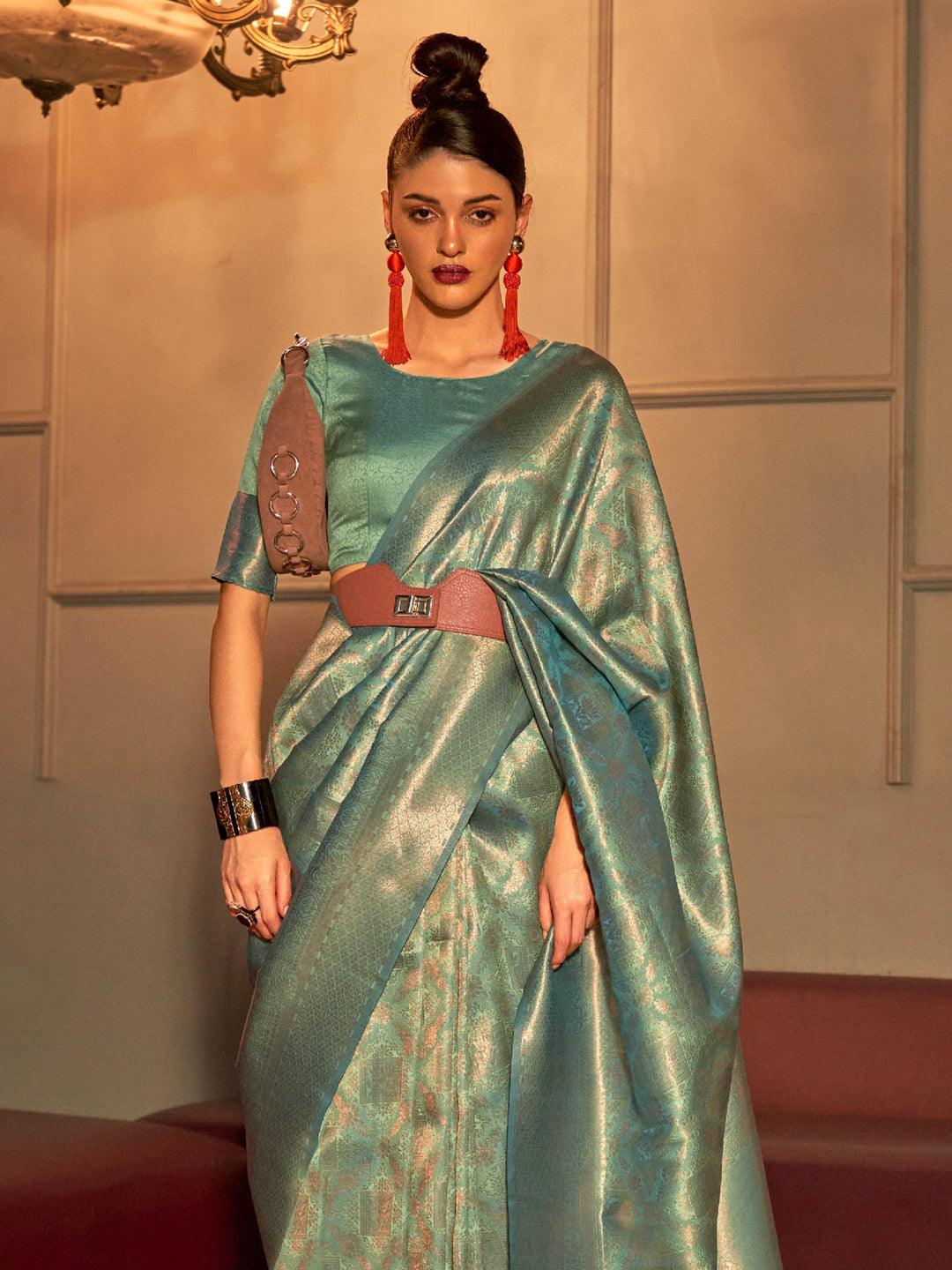 Dual-tone Mint Green–Sea Blue kanjivaram silk drape with woven pallu and soft shimmer effect. Elegant silk saree in Mint Green–Sea Blue for bridal wear, featuring zari pallu and contemporary design.