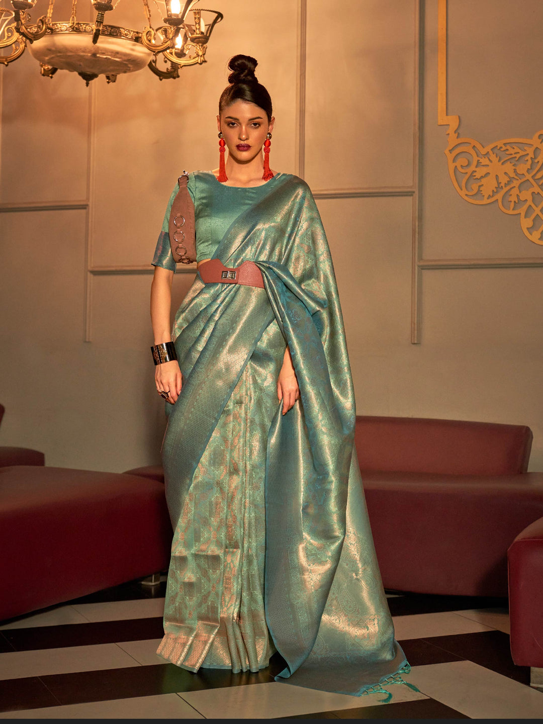 Mint Green–Sea Blue kanjivaram silk saree with subtle dual-tone effect and intricate zari border. Mint Green–Sea Blue wedding saree crafted from pastel silk and jacquard floral weaving.