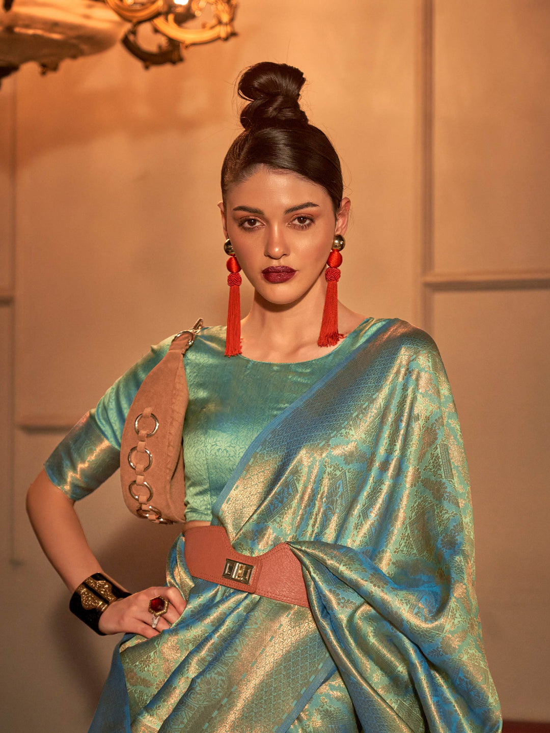 Mint Green–Sea Blue woven zari silk saree in a dual-tone palette for haldi, reception or sangeet. Glossy soft-touch silk saree in Mint Green–Sea Blue, designed for wedding celebrations and light events.