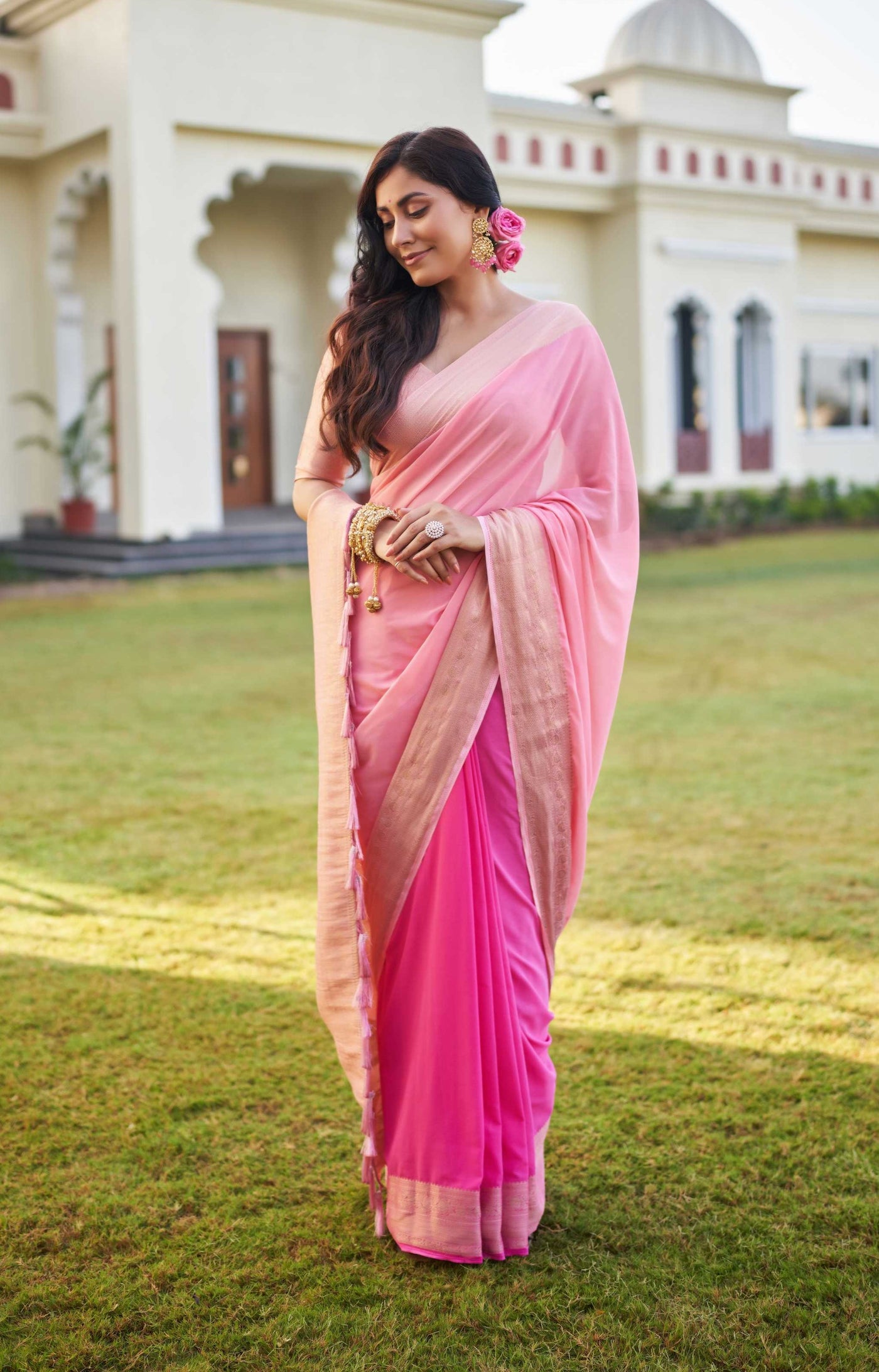 Fusion Pink Feather Soft Saree