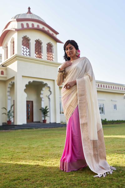 Fusion Pink-White Feather Soft Saree