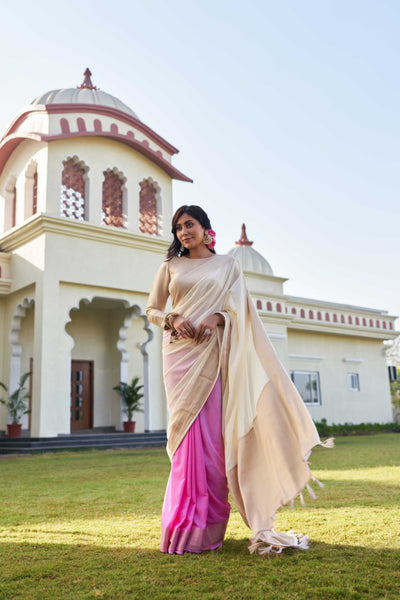 Fusion Pink-White Feather Soft Saree