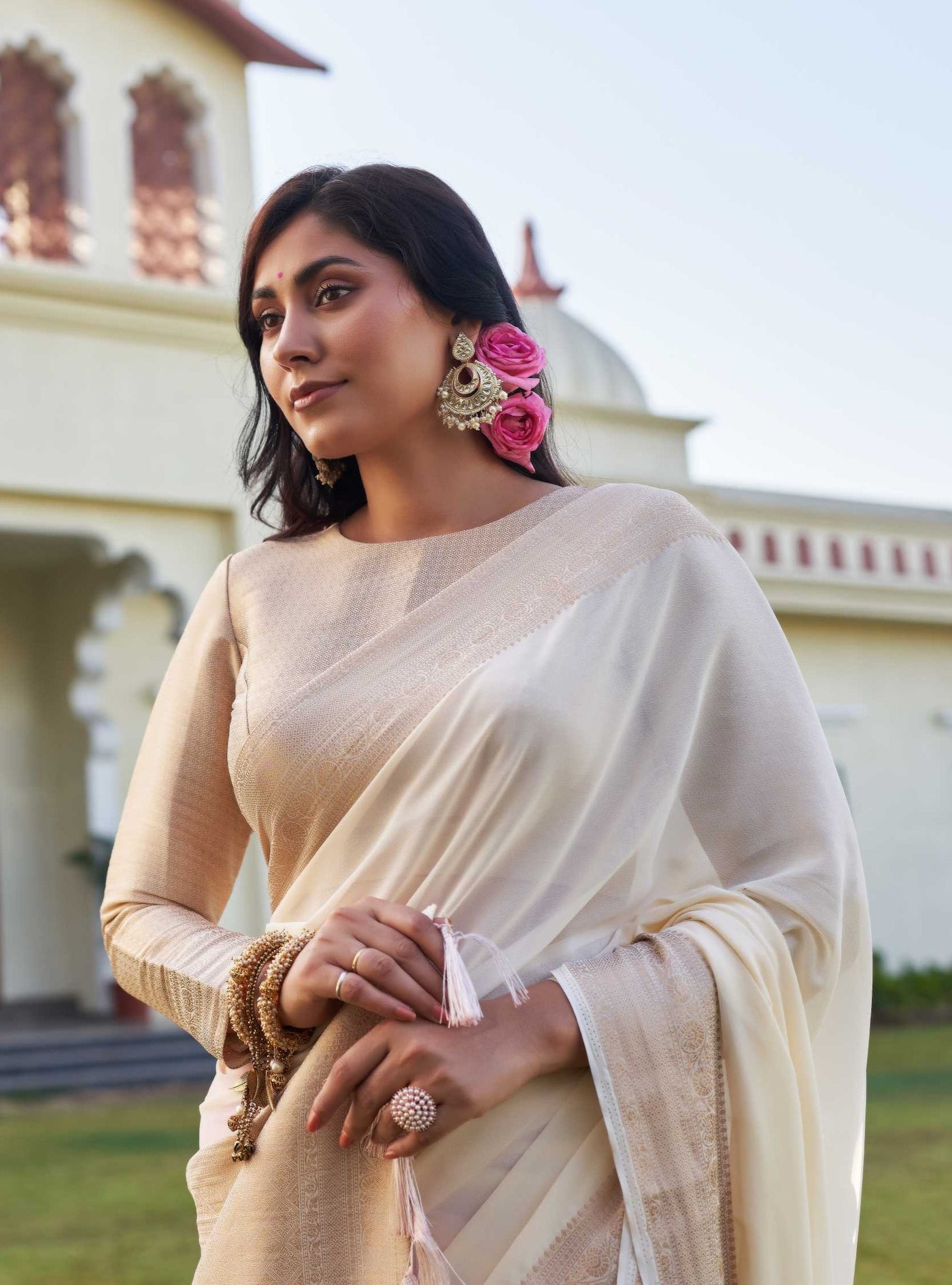 Fusion Pink-White Feather Soft Saree