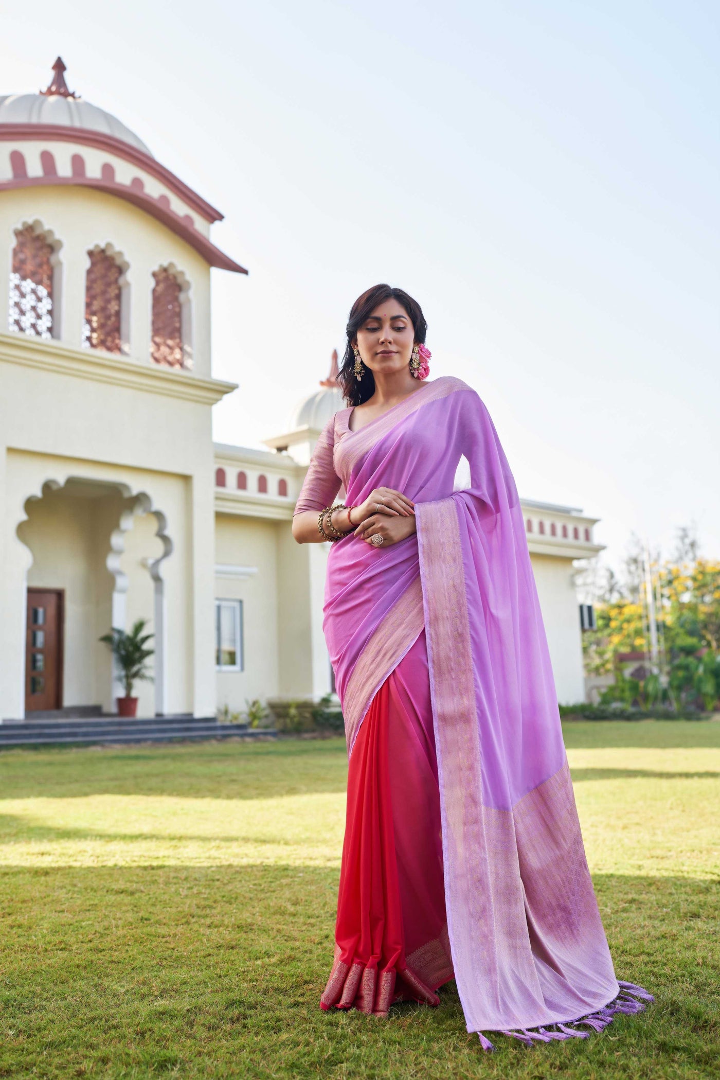 Fusion Violet-Red Feather Soft Saree