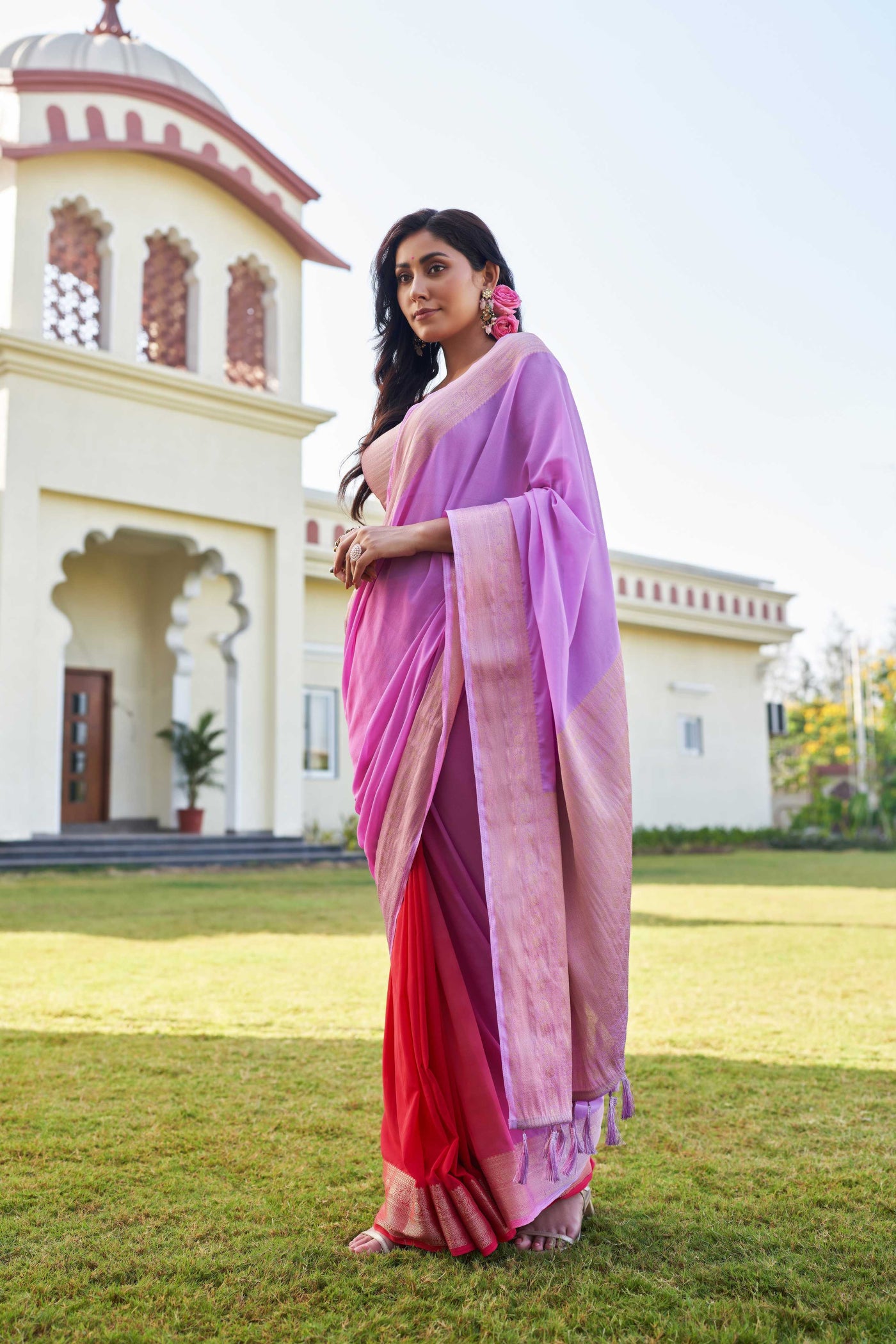 Fusion Violet-Red Feather Soft Saree