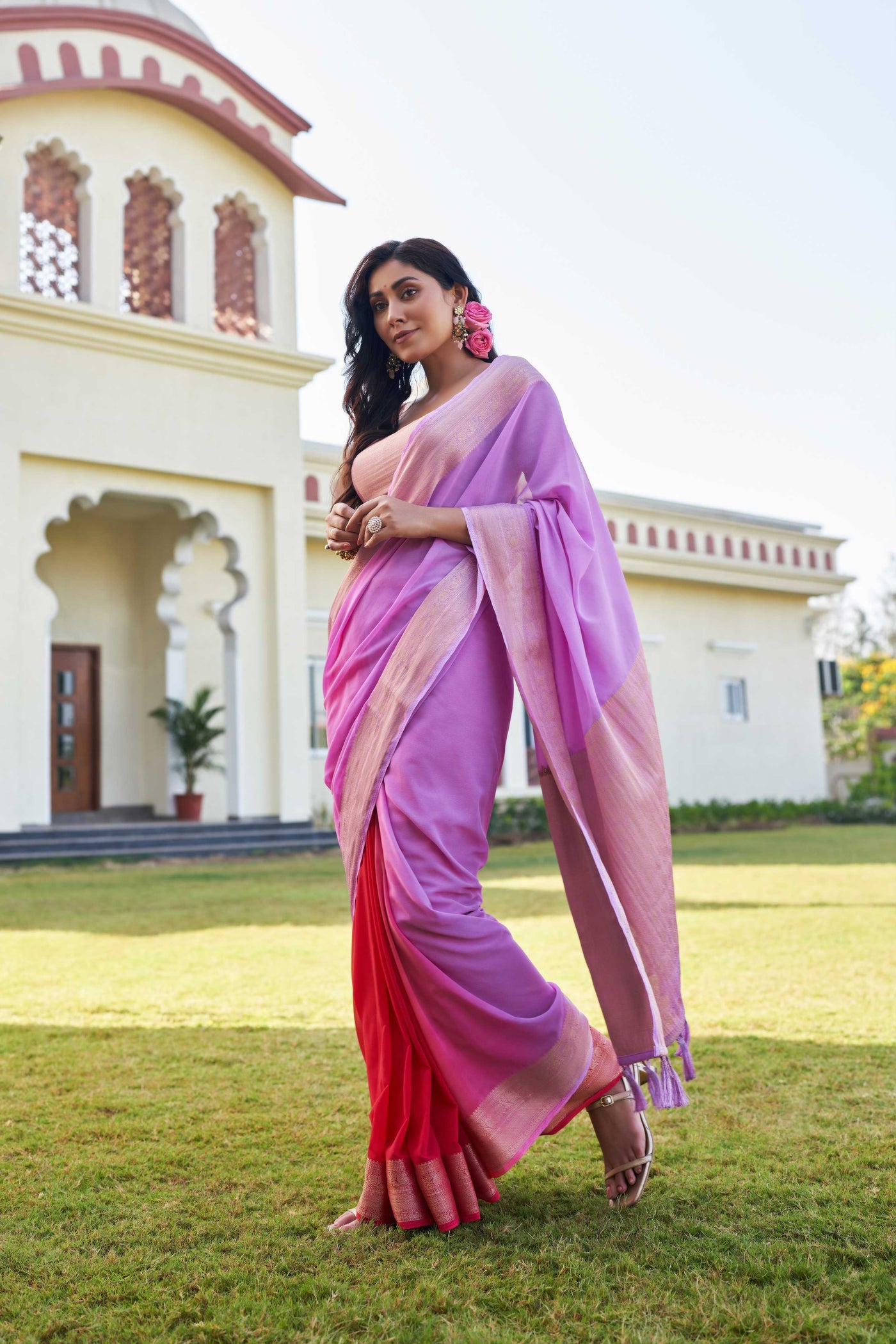 Fusion Violet-Red Feather Soft Saree