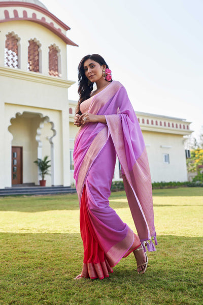 Fusion Violet-Red Feather Soft Saree