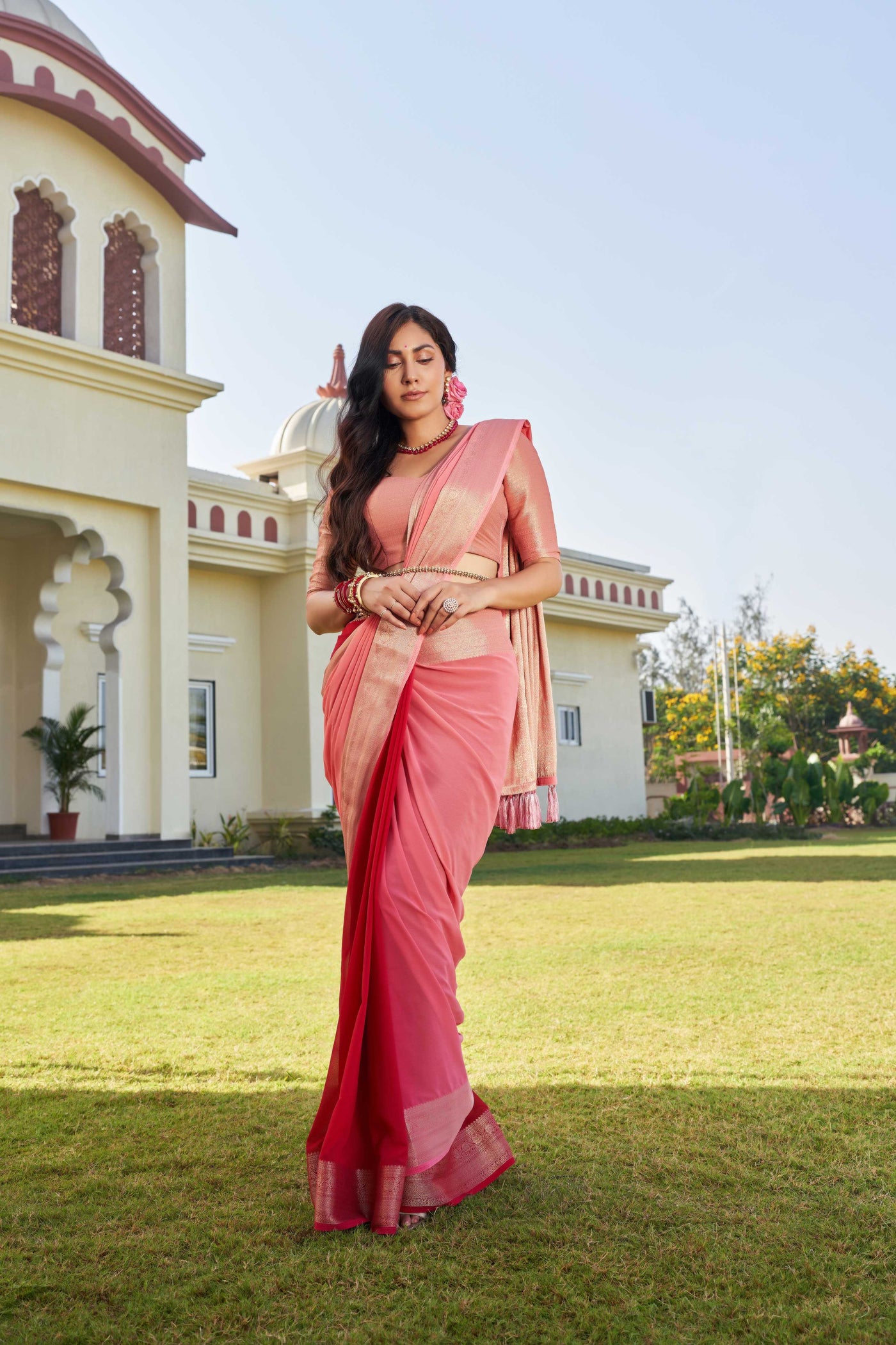 Avantika in Fusion Peach-Red Feather Soft Saree