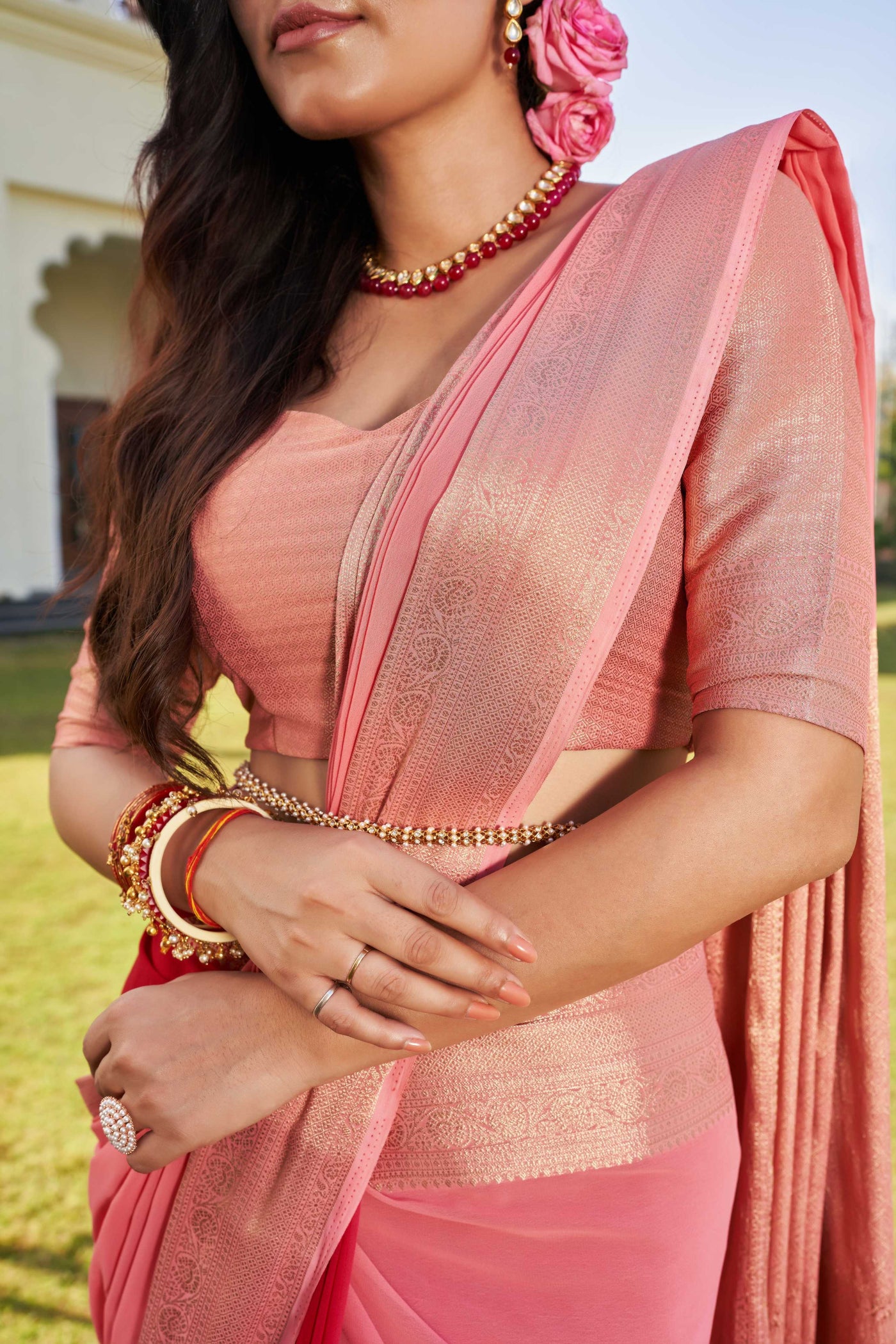 Avantika in Fusion Peach-Red Feather Soft Saree