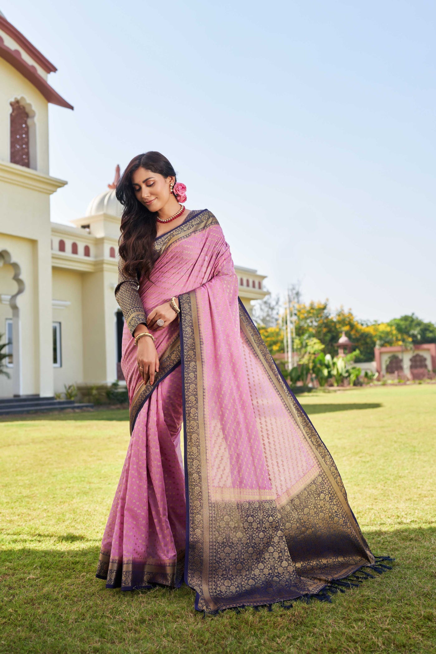 Pink-Navy Blue Gold Zari Georgette Saree