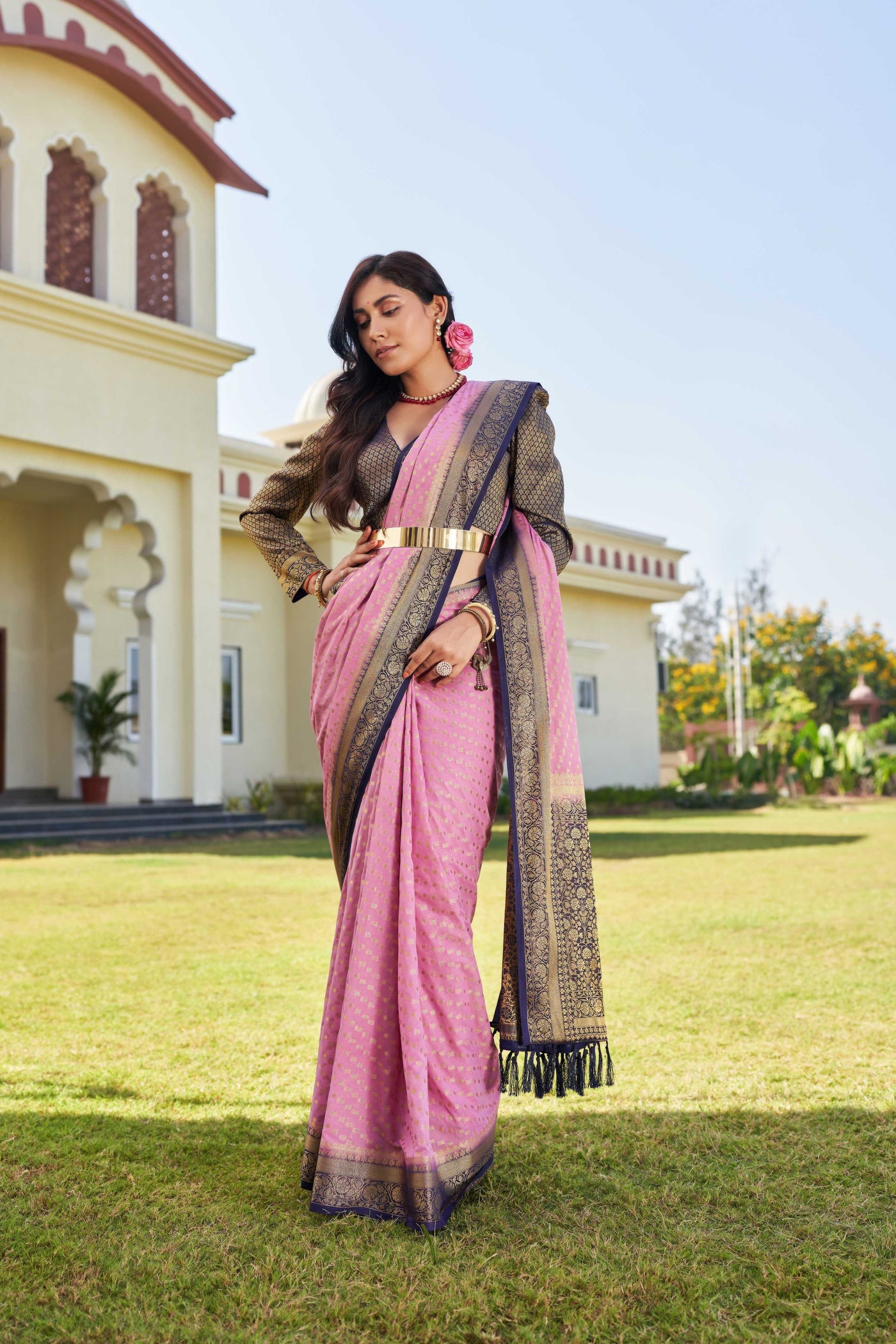 Pink-Navy Blue Gold Zari Georgette Saree