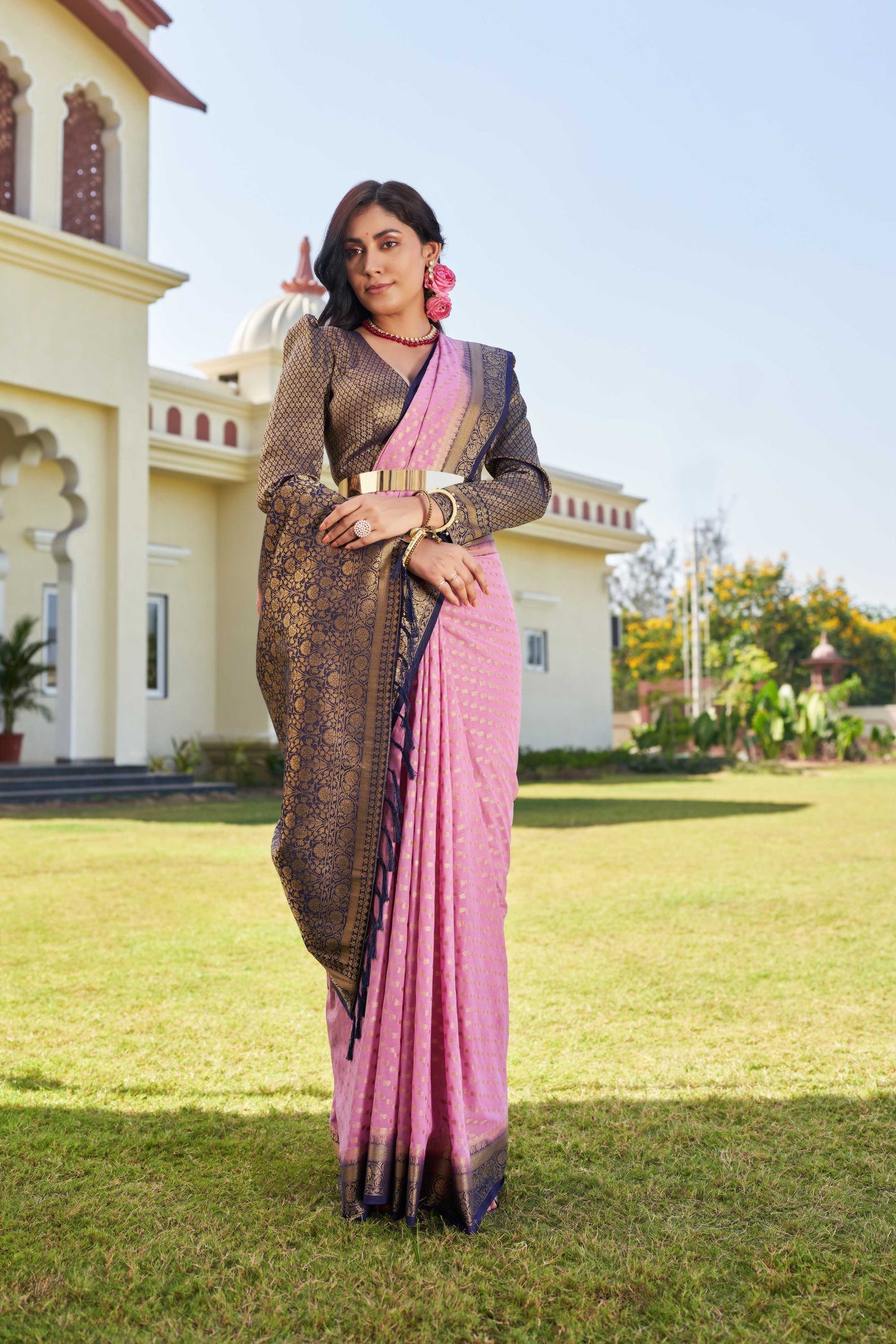 Pink-Navy Blue Gold Zari Georgette Saree