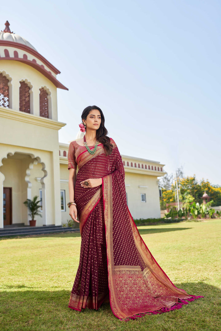 Wine-Pink Gold Zari Georgette Saree