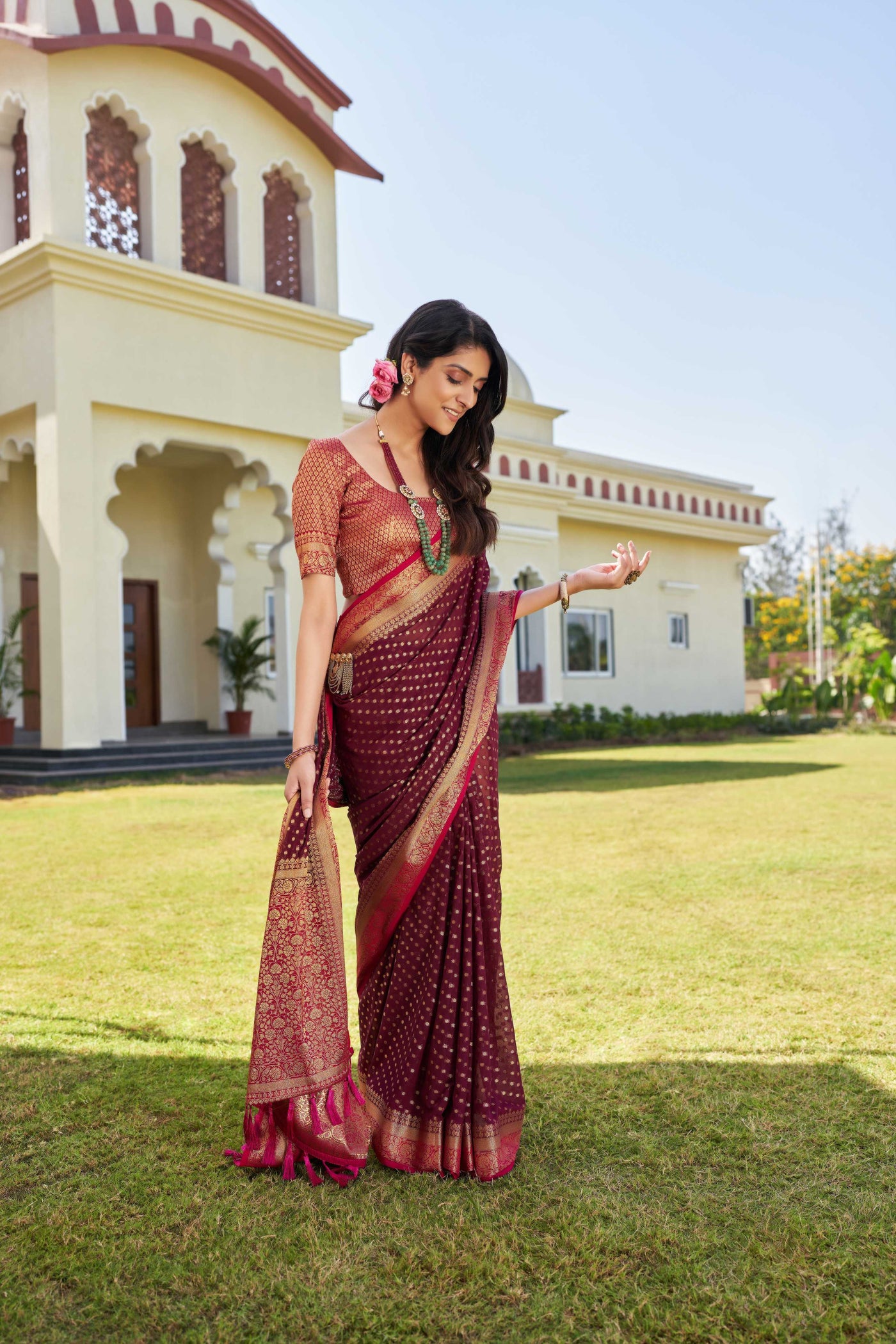 Wine-Pink Gold Zari Georgette Saree