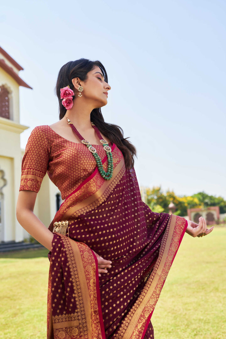 Wine-Pink Gold Zari Georgette Saree
