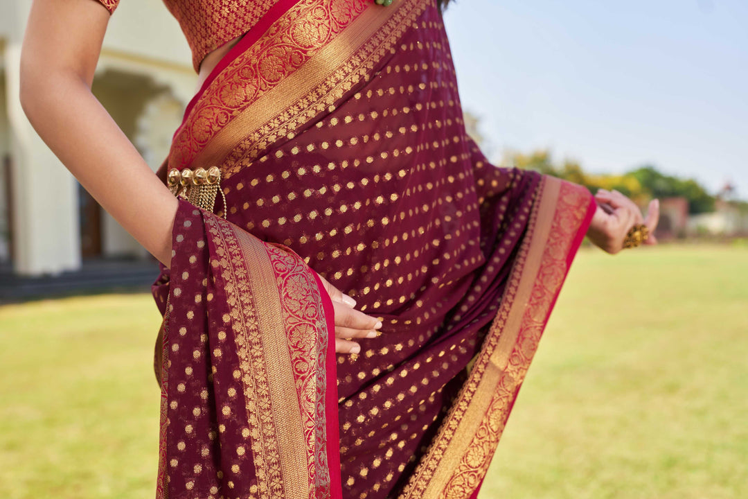 Wine-Pink Gold Zari Georgette Saree