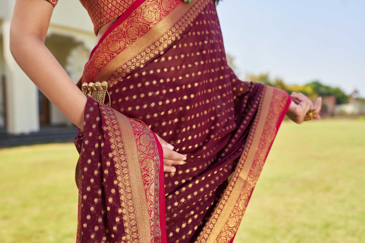 Wine-Pink Gold Zari Georgette Saree