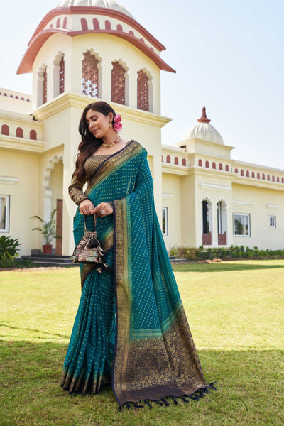 Turquoise-Navy Blue Gold Zari Georgette Saree