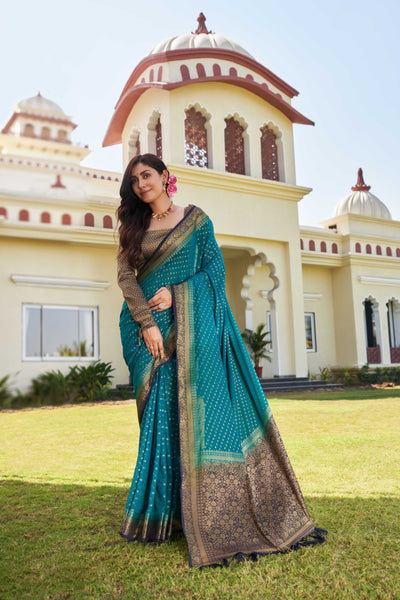 Turquoise-Navy Blue Gold Zari Georgette Saree