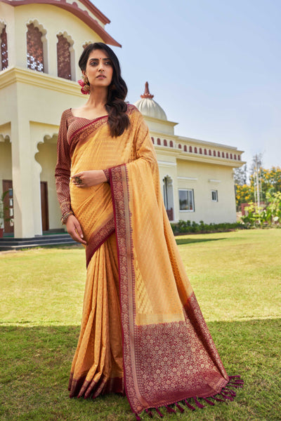 Beige-Maroon Gold Zari Georgette Saree