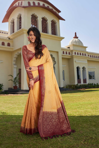 Beige-Maroon Gold Zari Georgette Saree