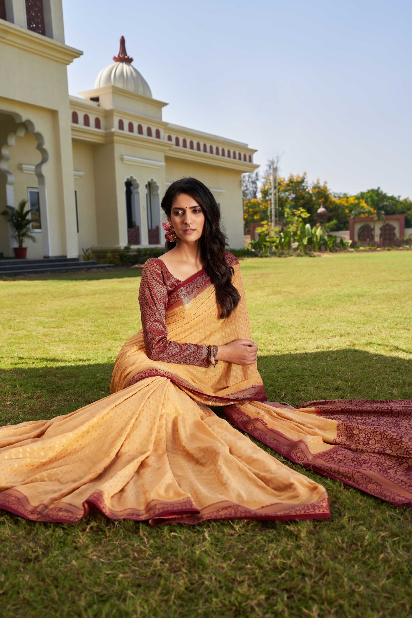 Beige-Maroon Gold Zari Georgette Saree