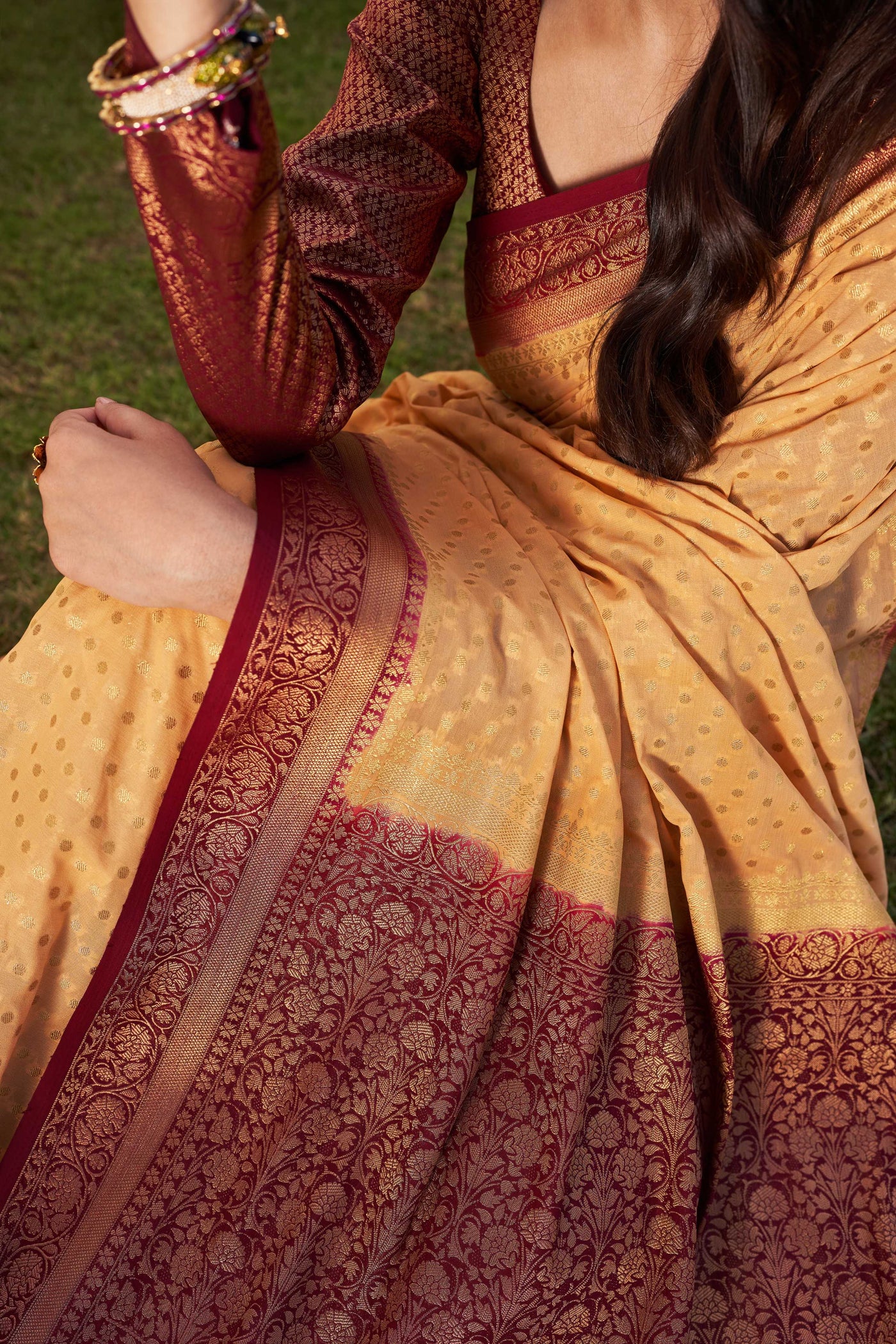 Beige-Maroon Gold Zari Georgette Saree